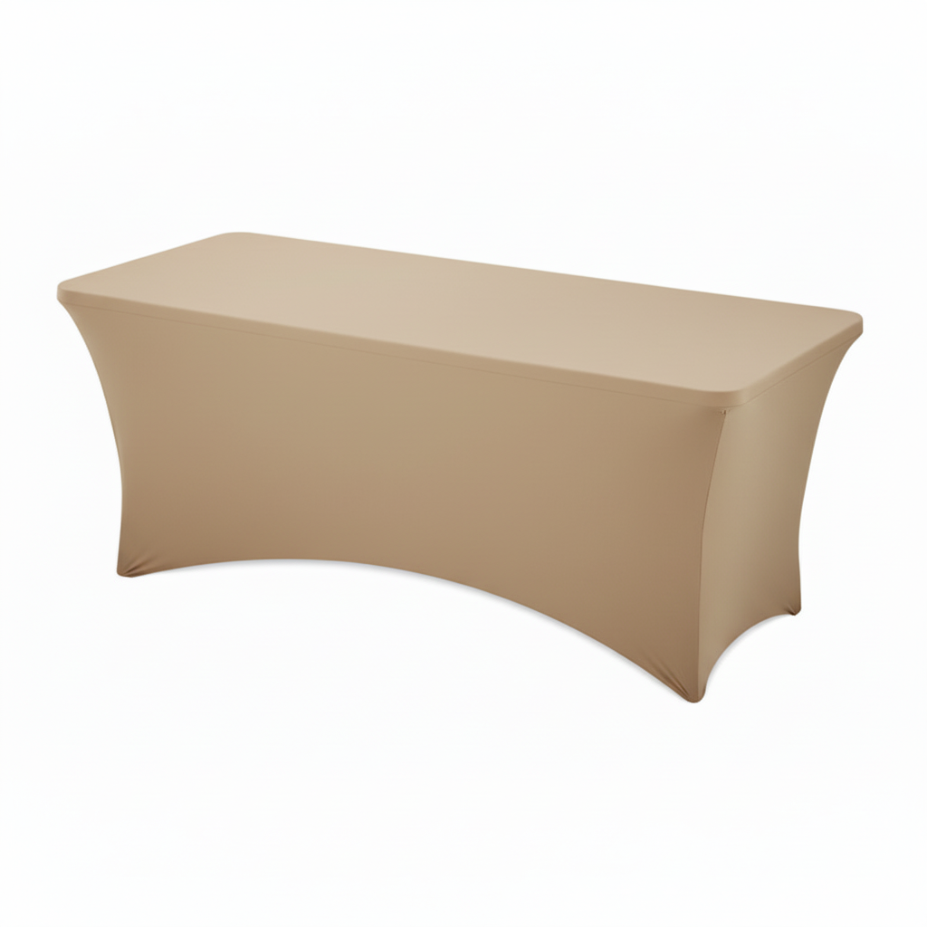 Location nappe rectangulaire lycra cappuccino 180 cm, housse stretch infroissable, rendu lisse et professionnel, idéal mariage champagne et réception automnale