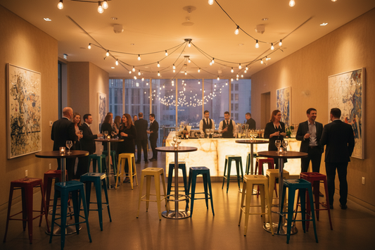 Espace cocktail élégant avec tabourets hauts, mange-debout et canapés lounge — location mobilier événementiel GP Loco Événement