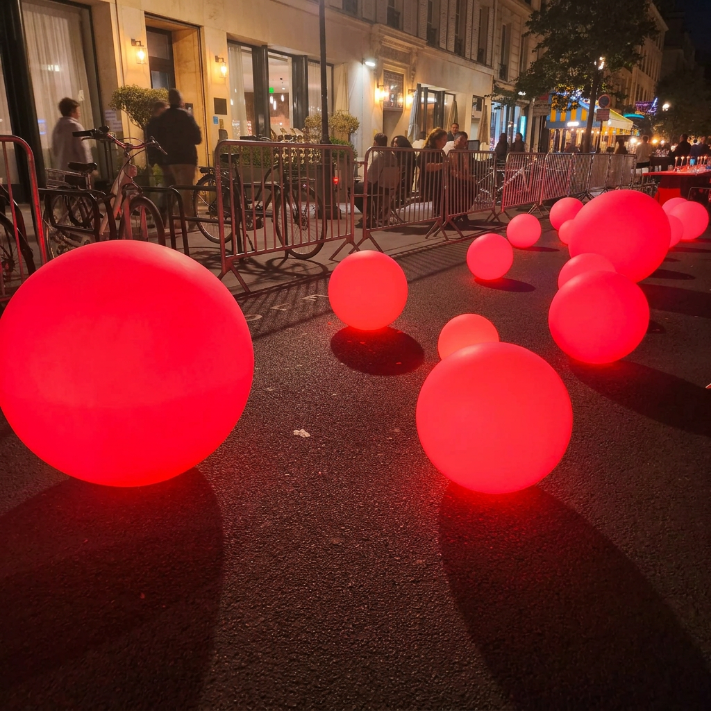 Boules lumineuses de différentes tailles disposées au sol lors d’un événement nocturne en extérieur.