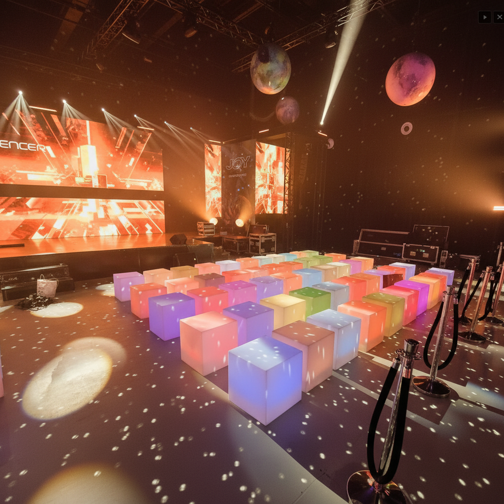 Cubes lumineux LED multicolores en location pour événement — installation de 40 cubes dans salle de concert Paris Île-de-France