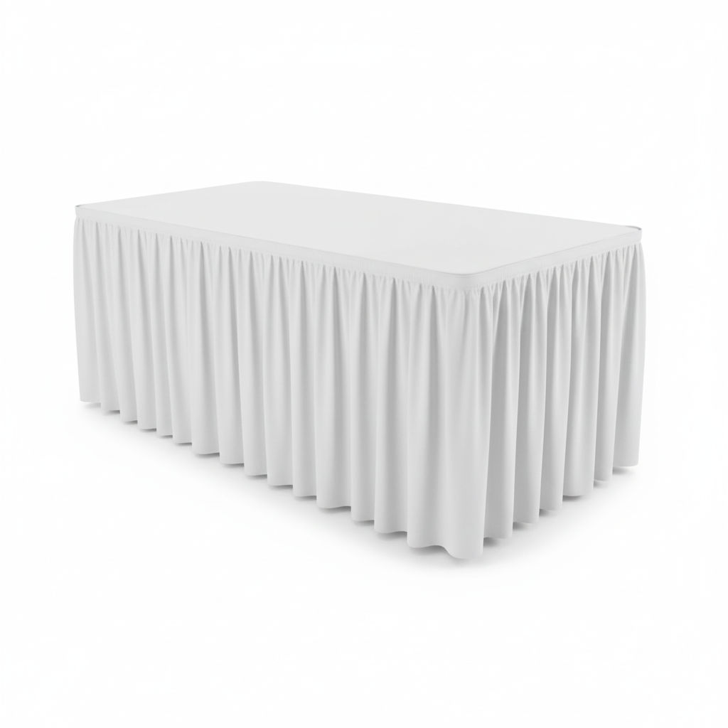Location juponnage lycra blanc table 180 cm, jupe plissée stretch, rendu professionnel sans faux plis, idéal mariage et communion