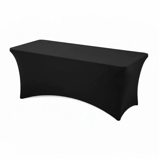 Location nappe rectangulaire lycra noir 180 cm, housse stretch infroissable, rendu lisse et professionnel, idéal gala et événement d’entreprise