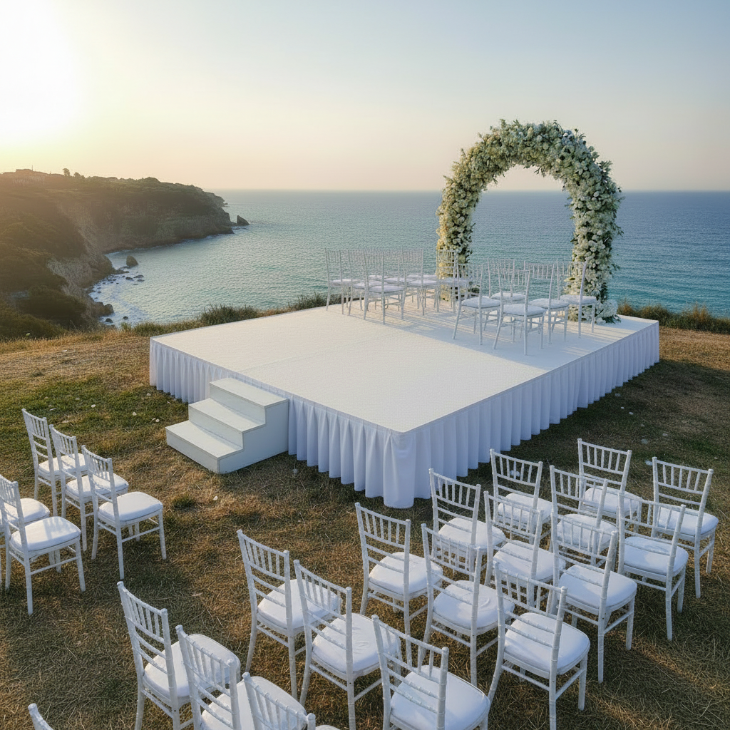 Location podium mariage blanc habillé avec juponnage et arche florale — cérémonie en plein air Compiègne Oise Île-de-France