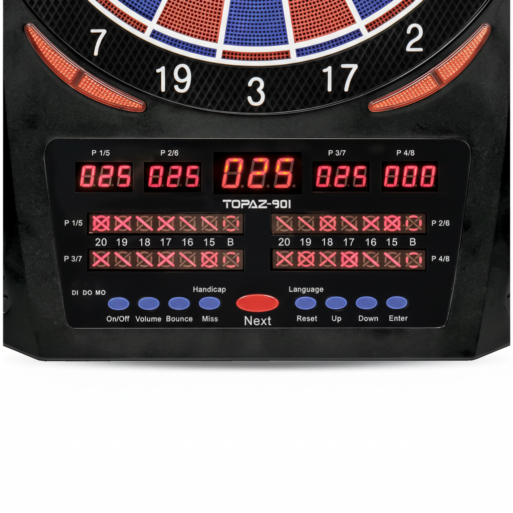 Panneau LED Topaze 901 avec affichage scores 8 joueurs et grille Cricket – location fléchettes Paris & IDF